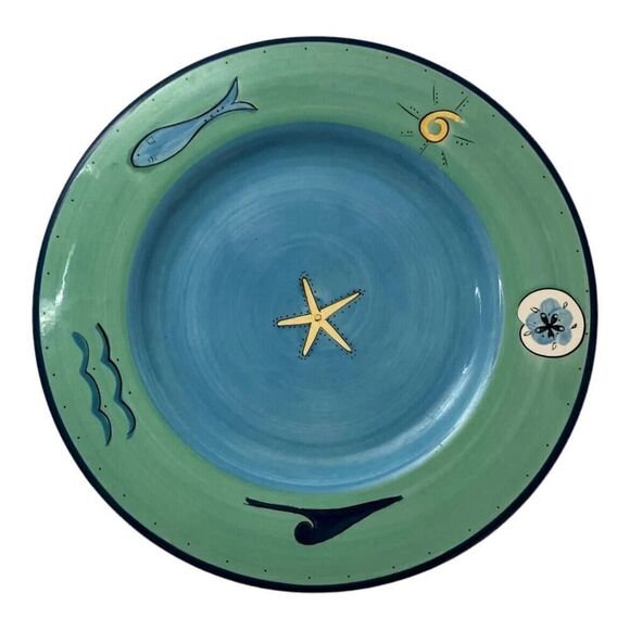 Brushes Hand Painted K.I.C. Dinner Plate - Ocean Fish Starfish - Blue / Green x2 - Picture 2 of 12